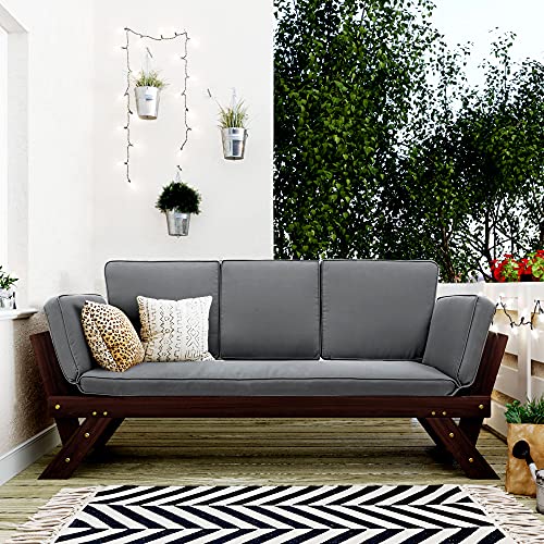 Harper & Bright Designs Adjustable Wooden Daybed Sofa Chaise Lounge, Expandable Patio Sectional Sofa with Gray Cushions for Decks, Poolsides, Balconies