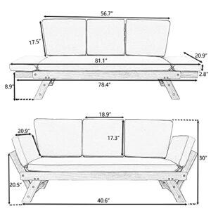 Harper & Bright Designs Adjustable Wooden Daybed Sofa Chaise Lounge, Expandable Patio Sectional Sofa with Gray Cushions for Decks, Poolsides, Balconies