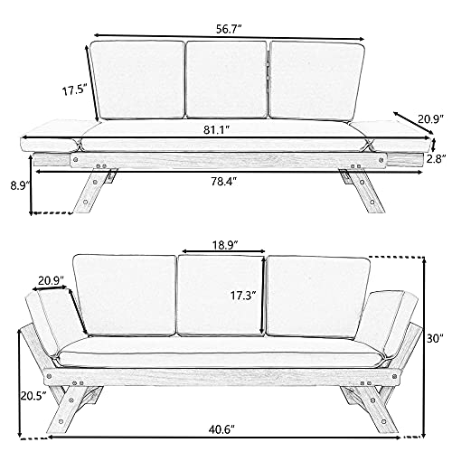 Harper & Bright Designs Adjustable Wooden Daybed Sofa Chaise Lounge, Expandable Patio Sectional Sofa with Gray Cushions for Decks, Poolsides, Balconies