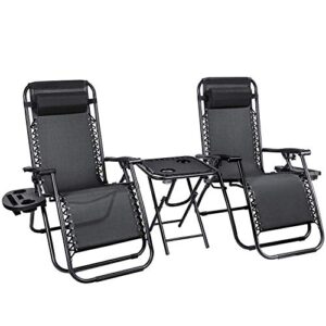 homall 3 pcs zero gravity chair patio folding recliner outdoor chaise lounge chairs portable reclining chair set with side table (black)