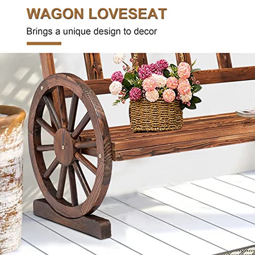 KINTNESS Patio Garden Wooden Wagon Wheel Bench 2-Person Outdoor Wagon Wheel Bench Outdoor Furniture Decor