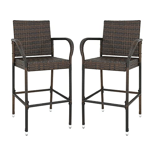 SUPER DEAL Upgraded Wicker Bar Stool Chairs Outdoor Backyard Rattan Chair w/Iron Frame, Armrest and Footrest (2)