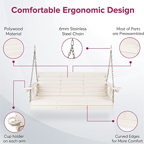 XETALE HDPE White Wood Porch Swing - 59x24.8x18.5 - Outdoor Hanging Bench Swings for Adults - Home Furniture for Deck, Patio, Den, Yard - Polywood Material, Accessories Included - Max Weight 880lbs