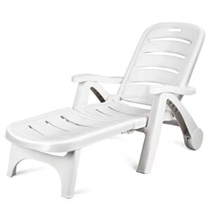 giantex folding lounger chaise chair on wheels outdoor patio deck chair adjustable rolling lounger 5 position recliner w/armrests (1, white)