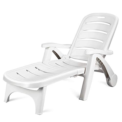 Giantex Folding Lounger Chaise Chair on Wheels Outdoor Patio Deck Chair Adjustable Rolling Lounger 5 Position Recliner w/Armrests (1, White)