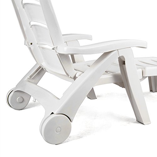 Giantex Folding Lounger Chaise Chair on Wheels Outdoor Patio Deck Chair Adjustable Rolling Lounger 5 Position Recliner w/Armrests (1, White)