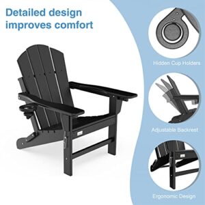 Mdeam Folding Adirondack Chairs Set of 4 Adjustable Backrest with Cup Holder, Fire Pit Chairs,HDPE All Weather for Patio Lawn Outdoor, Black