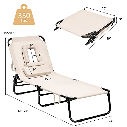 Goplus Folding Lounge Chair for Beach Poolside Balcony Patio, Portable Recliner w/Tanning Face Down Hole and Pillow (1, Beige)