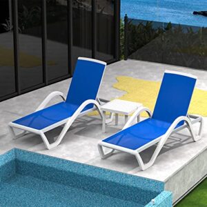 domi patio chaise lounge chair set of 3,outdoor aluminum polypropylene sunbathing chair with adjustable backrest,arm,side table,for beach,yard,balcony,poolside(2 blue chairs w/table)