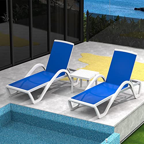 Domi Patio Chaise Lounge Chair Set of 3,Outdoor Aluminum Polypropylene Sunbathing Chair with Adjustable Backrest,Arm,Side Table,for Beach,Yard,Balcony,Poolside(2 Blue Chairs W/Table)