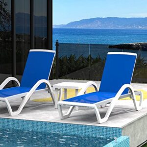 Domi Patio Chaise Lounge Chair Set of 3,Outdoor Aluminum Polypropylene Sunbathing Chair with Adjustable Backrest,Arm,Side Table,for Beach,Yard,Balcony,Poolside(2 Blue Chairs W/Table)