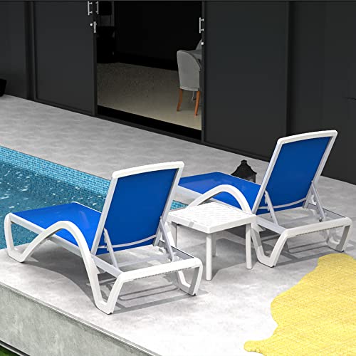 Domi Patio Chaise Lounge Chair Set of 3,Outdoor Aluminum Polypropylene Sunbathing Chair with Adjustable Backrest,Arm,Side Table,for Beach,Yard,Balcony,Poolside(2 Blue Chairs W/Table)