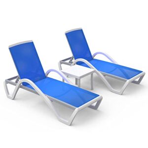 Domi Patio Chaise Lounge Chair Set of 3,Outdoor Aluminum Polypropylene Sunbathing Chair with Adjustable Backrest,Arm,Side Table,for Beach,Yard,Balcony,Poolside(2 Blue Chairs W/Table)