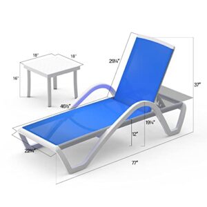 Domi Patio Chaise Lounge Chair Set of 3,Outdoor Aluminum Polypropylene Sunbathing Chair with Adjustable Backrest,Arm,Side Table,for Beach,Yard,Balcony,Poolside(2 Blue Chairs W/Table)