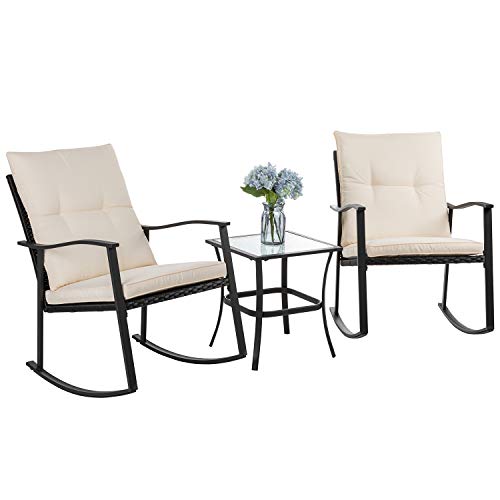 Vongrasig 3 Piece Outdoor Rocking Chair Set, PE Wicker Rattan Small Patio Rocking Bistro Set, Front Porch Furniture Rocking Chairs Set of 2, Cushioned Patio Rocker Chair Set with Glass Table (Beige)