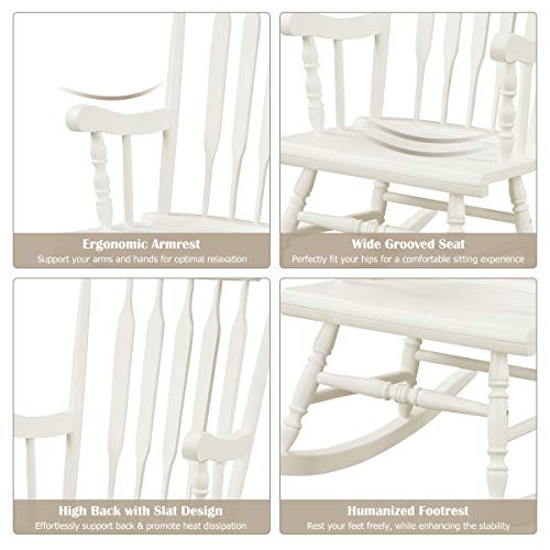 Giantex Rocking Chair Solid Wooden Frame Outdoor & Indoor Rocker for Garden, Patio, Balcony, Backyard Porch Rocker (1, White)