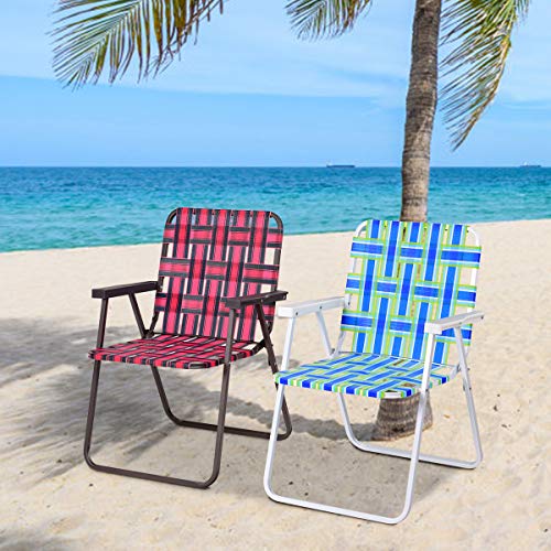 Giantex Beach Chairs Set of 6, Patio Folding Lawn Chairs for Adults, Outdoor Webbing Chair w/Steel Frame, Lightweight & Portable Camping Chairs for Fishing, Yard, Garden, Poolside Webbed Chairs, Blue