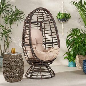 Christopher Knight Home Frances Outdoor Wicker Swivel Egg Chair with Cushion, Dark Brown, Beige