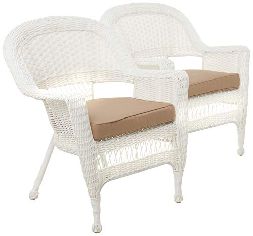 Jeco Wicker Chair with Tan Cushion, Set of 2, White/W00206-