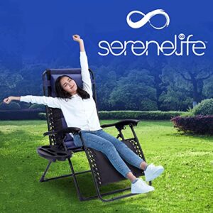 SereneLife Foldable Outdoor Zero Gravity Padded Lawn Chair, Adjustable Steel Mesh Recliners, w/Removable Pillows and Cup Holder Side Tables, One Size, Blue and Black