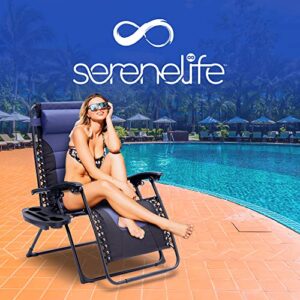 SereneLife Foldable Outdoor Zero Gravity Padded Lawn Chair, Adjustable Steel Mesh Recliners, w/Removable Pillows and Cup Holder Side Tables, One Size, Blue and Black