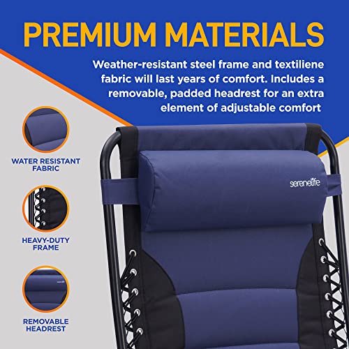 SereneLife Foldable Outdoor Zero Gravity Padded Lawn Chair, Adjustable Steel Mesh Recliners, w/Removable Pillows and Cup Holder Side Tables, One Size, Blue and Black