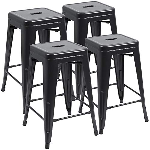 JUMMICO Metal Bar Stool 24 Inches Indoor Outdoor Industrial Barstools Stackable Counter Height Modern Vintage Backless Bar Stools Set of 4 (Black)