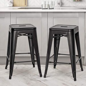 JUMMICO Metal Bar Stool 24 Inches Indoor Outdoor Industrial Barstools Stackable Counter Height Modern Vintage Backless Bar Stools Set of 4 (Black)