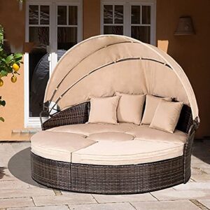 patiomore patio round daybed with retractable canopy, clamshell sectional seating brown wicker outdoor furniture with washable cushions for patio backyard porch pool