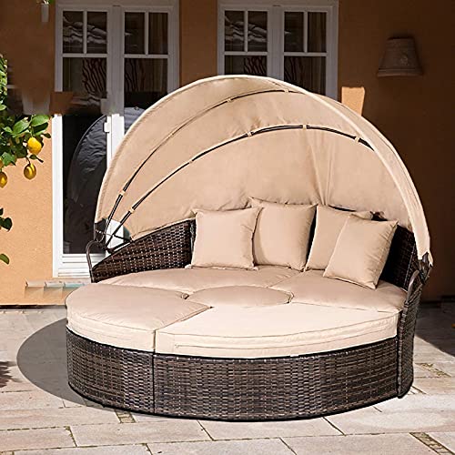 Patiomore Patio Round Daybed with Retractable Canopy, Clamshell Sectional Seating Brown Wicker Outdoor Furniture with Washable Cushions for Patio Backyard Porch Pool