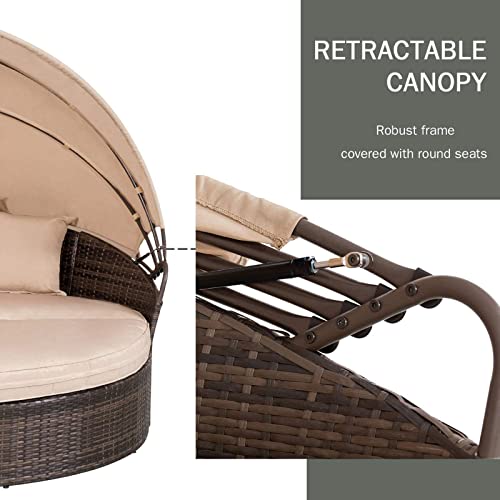 Patiomore Patio Round Daybed with Retractable Canopy, Clamshell Sectional Seating Brown Wicker Outdoor Furniture with Washable Cushions for Patio Backyard Porch Pool