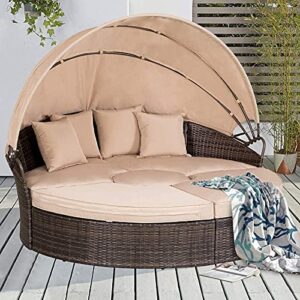 Patiomore Patio Round Daybed with Retractable Canopy, Clamshell Sectional Seating Brown Wicker Outdoor Furniture with Washable Cushions for Patio Backyard Porch Pool