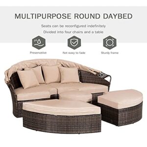 Patiomore Patio Round Daybed with Retractable Canopy, Clamshell Sectional Seating Brown Wicker Outdoor Furniture with Washable Cushions for Patio Backyard Porch Pool