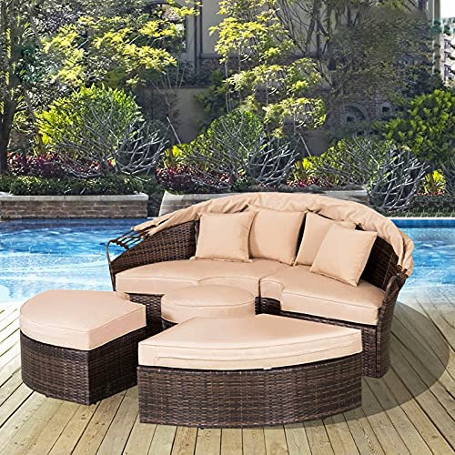 Patiomore Patio Round Daybed with Retractable Canopy, Clamshell Sectional Seating Brown Wicker Outdoor Furniture with Washable Cushions for Patio Backyard Porch Pool