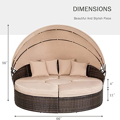 Patiomore Patio Round Daybed with Retractable Canopy, Clamshell Sectional Seating Brown Wicker Outdoor Furniture with Washable Cushions for Patio Backyard Porch Pool