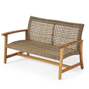 great deal furniture marcia outdoor wood and wicker loveseat, natural finish with gray wicker