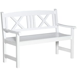 outsunny 2-seater wooden garden bench, 4ft outdoor patio loveseat for yard, lawn, porch, white