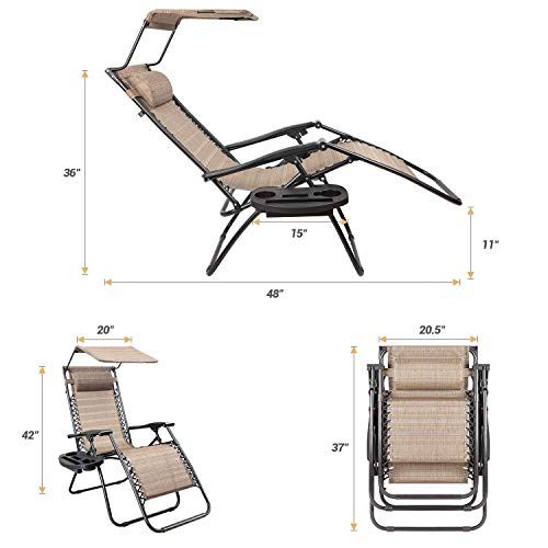 Devoko Patio Zero Gravity Chair Outdoor Recliner Lounge Chair with W/Folding Canopy Shade and Cup Holder (Beige)