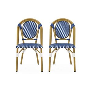 christopher knight home gwendolyn outdoor french bistro chairs (set of 2), blue + white + bamboo print finish