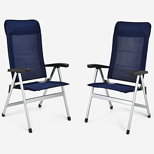 Giantex Set of 2 Patio Chairs, Folding Outdoor Chairs, High Back Recliner with Headrest and Armrests 7 Levels Adjustable Camping Chairs Safe Lock Lawn Chairs Porch Balcony Furniture, Blue