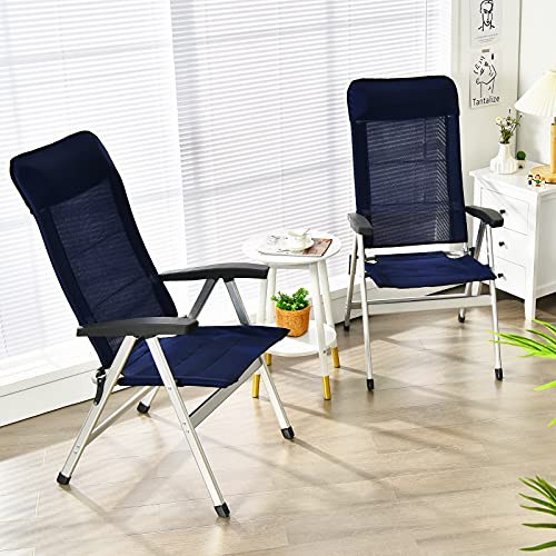 Giantex Set of 2 Patio Chairs, Folding Outdoor Chairs, High Back Recliner with Headrest and Armrests 7 Levels Adjustable Camping Chairs Safe Lock Lawn Chairs Porch Balcony Furniture, Blue