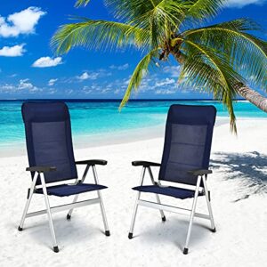 Giantex Set of 2 Patio Chairs, Folding Outdoor Chairs, High Back Recliner with Headrest and Armrests 7 Levels Adjustable Camping Chairs Safe Lock Lawn Chairs Porch Balcony Furniture, Blue