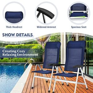 Giantex Set of 2 Patio Chairs, Folding Outdoor Chairs, High Back Recliner with Headrest and Armrests 7 Levels Adjustable Camping Chairs Safe Lock Lawn Chairs Porch Balcony Furniture, Blue