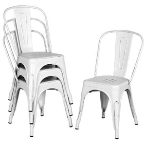 yaheetech metal dining chairs indoor/outdoor coffee kitchen chairs stackable chic dining bistro cafe side chairs set of 4, distressed white