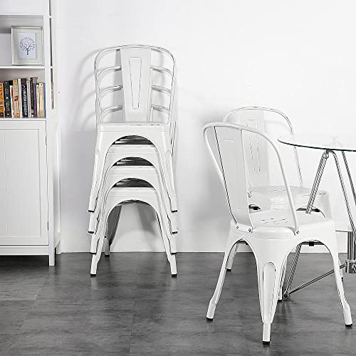 Yaheetech Metal Dining Chairs Indoor/Outdoor Coffee Kitchen Chairs Stackable Chic Dining Bistro Cafe Side Chairs Set of 4, Distressed White