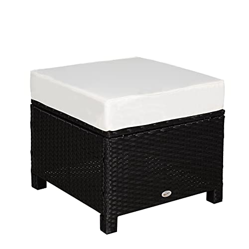 Outsunny 20" Outdoor Ottoman, PE Plastic Rattan Wicker, Fade-Resistant Patio Footrest with Soft Cushion, Steel Frame, Black