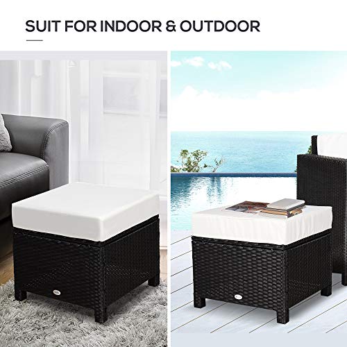 Outsunny 20" Outdoor Ottoman, PE Plastic Rattan Wicker, Fade-Resistant Patio Footrest with Soft Cushion, Steel Frame, Black