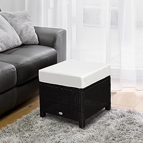 Outsunny 20" Outdoor Ottoman, PE Plastic Rattan Wicker, Fade-Resistant Patio Footrest with Soft Cushion, Steel Frame, Black