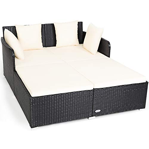 Tangkula Outdoor Rattan Daybed, Sunbed Wicker Furniture w/Spacious Seat, Upholstered Cushion & High-Resilience Sponge, Wicker Patio Sofa Set w/Extra Pillows for Courtyard Poolside(White)