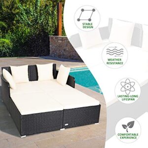 Tangkula Outdoor Rattan Daybed, Sunbed Wicker Furniture w/Spacious Seat, Upholstered Cushion & High-Resilience Sponge, Wicker Patio Sofa Set w/Extra Pillows for Courtyard Poolside(White)